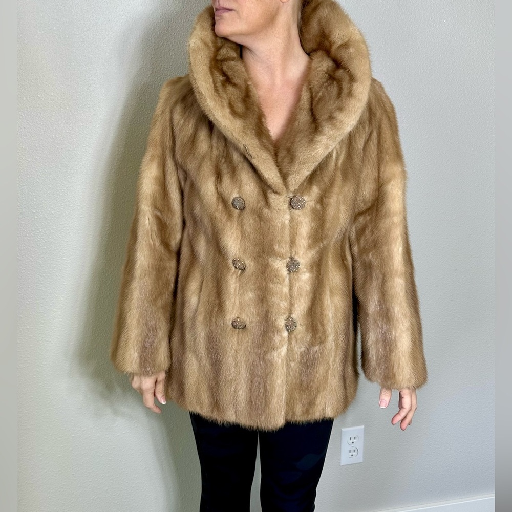 MINK CHIC TAN Genuine Teddy Jacket With Buttons Pockets Soft Fur Gorgeous medium